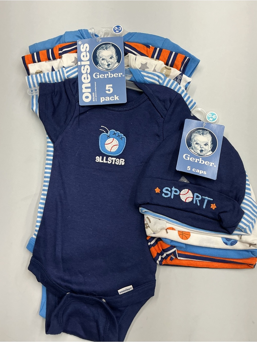 Gerber Blue, White & Orange 5-Pack Sport One-Piece Bodysuits and Caps